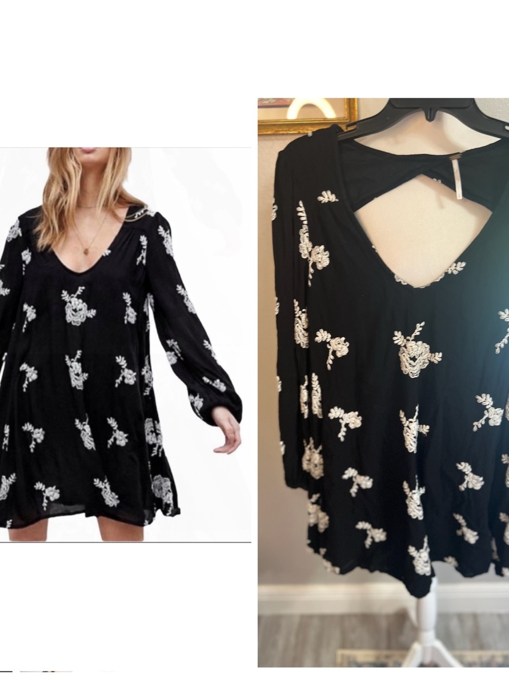 Free people Embroidered Emma Long Sleeve Boho Mini Tunic Black White Dress
Large